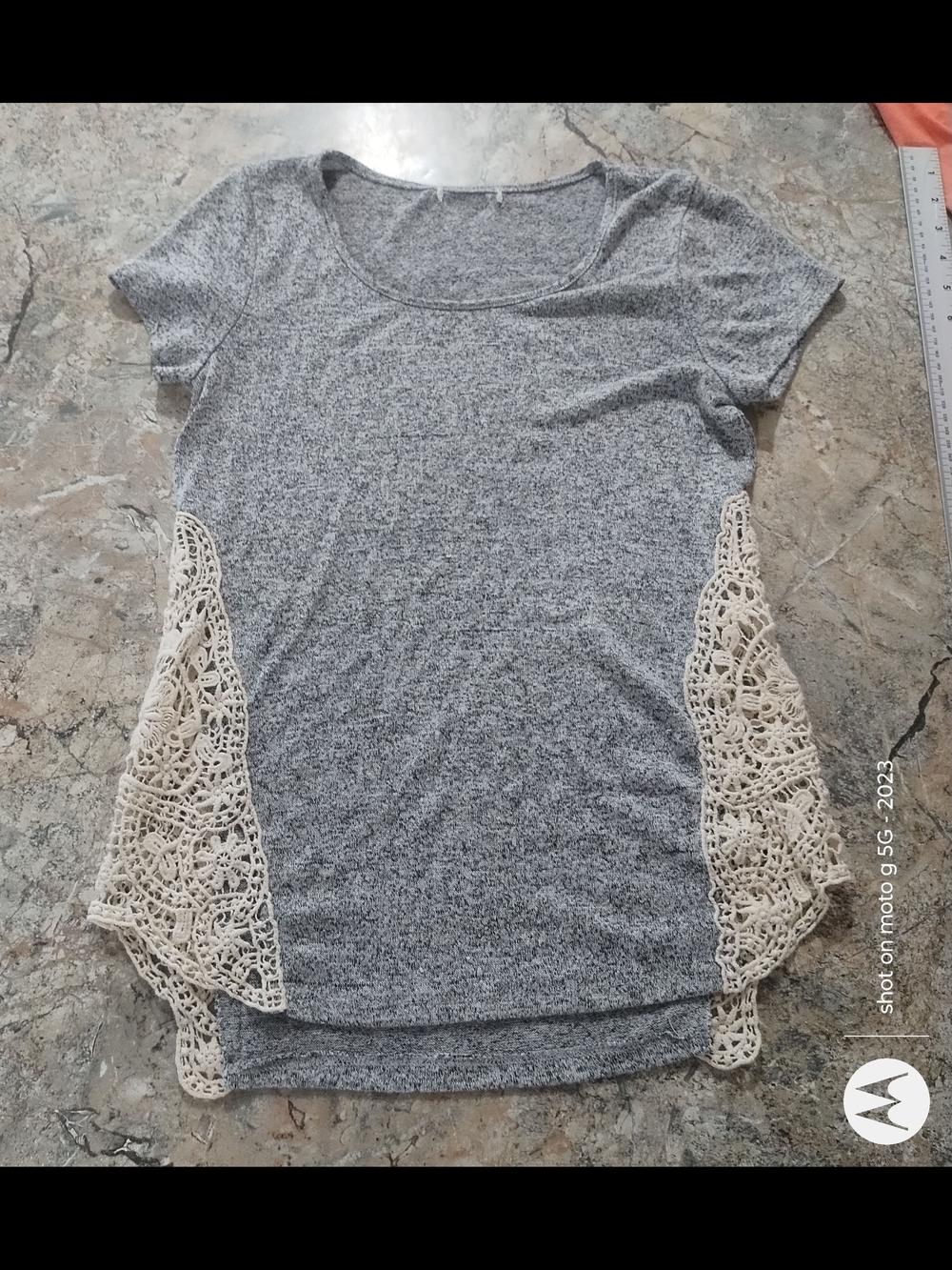 Gray Scoop Neck Tee with Cream Lace Trim, Source Unknown